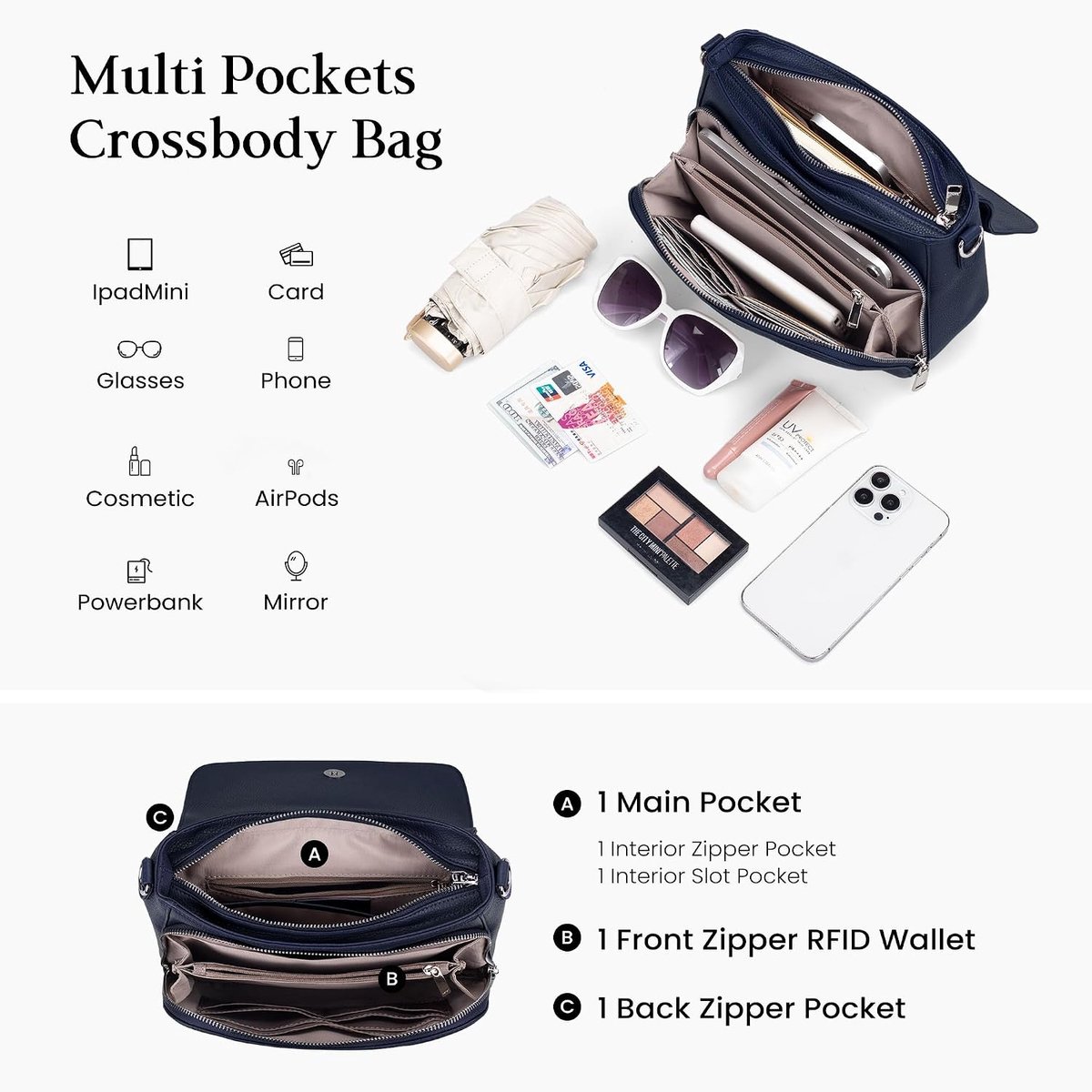 befen Genuine Leather Crossbody Bags for Women with Built in RFID Wallet Medium Womens Saddle Bag Cross Body Wallet - ShopVlot