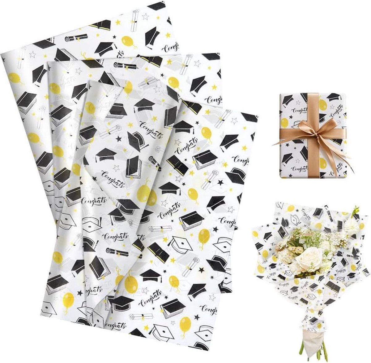 50 vellen 2026 afstuderen tissuepapier, 20 x 14 inch Graduate Cap Diploma Scroll Ballloons Patronen Cadeaupapier voor - ShopVlot