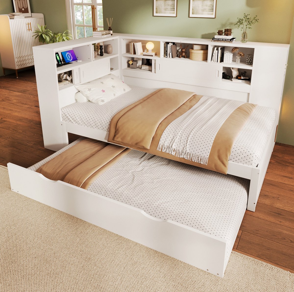 STILVORA Kinderbed 90x200 cm – Bedbank Met Uitschuifbed En USB – Opbergruimte In Hoofdbord En Zijkant – Zonder Matras – Hout – Wit