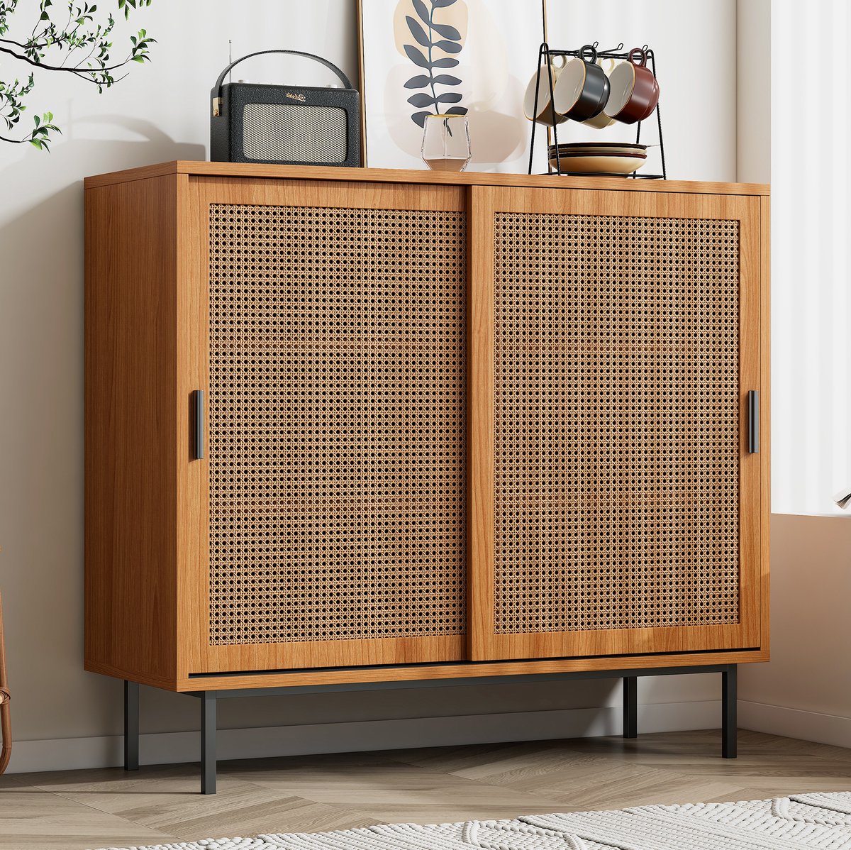COVREO dressoir 100 x 90 x 37 cm - met 2 schuifdeuren, verstelbare plank, walnoot