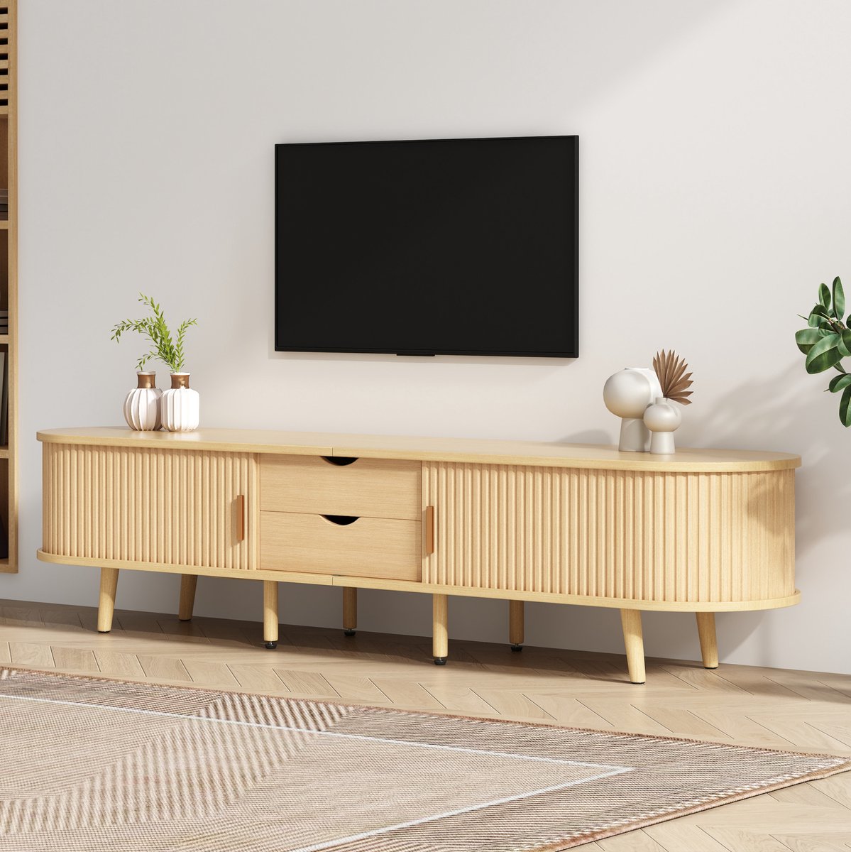COVREO TV meubel 175 x 40 x 42 cm - 2 lades, 2 schuifdeuren, MDF, lichte houtkleur