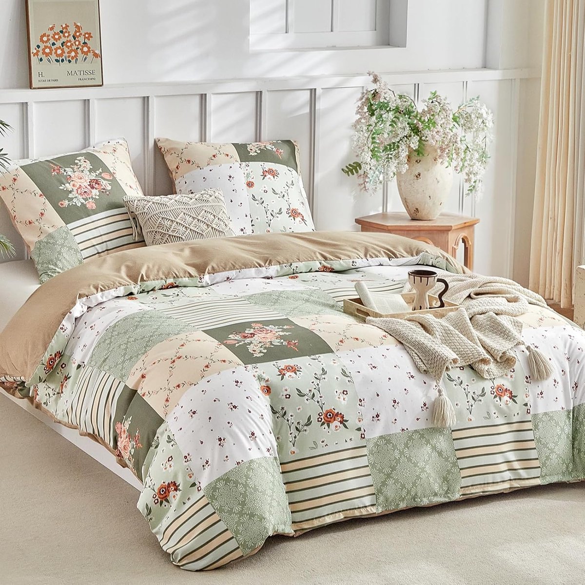 SnelShoppen - Dekbedovertrek 220x240 met 2 Kussenslopen 65x65cm - Bohemian Bloem Motief - 100% Microfiber Bedset voor Volwassenen - Groen - Ideaal voo