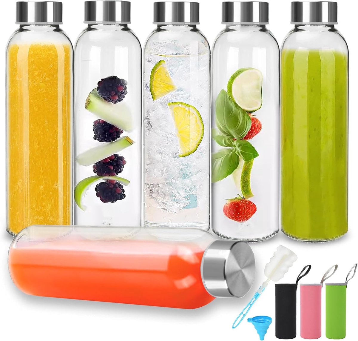 Thijox - Lege Glazen Flessen 500ml - Set van 6 Herbruikbare Glazen Waterflessen met Deksels - Lekvrije Flessen voor Water, Smoothies, Sap - Perfect vo