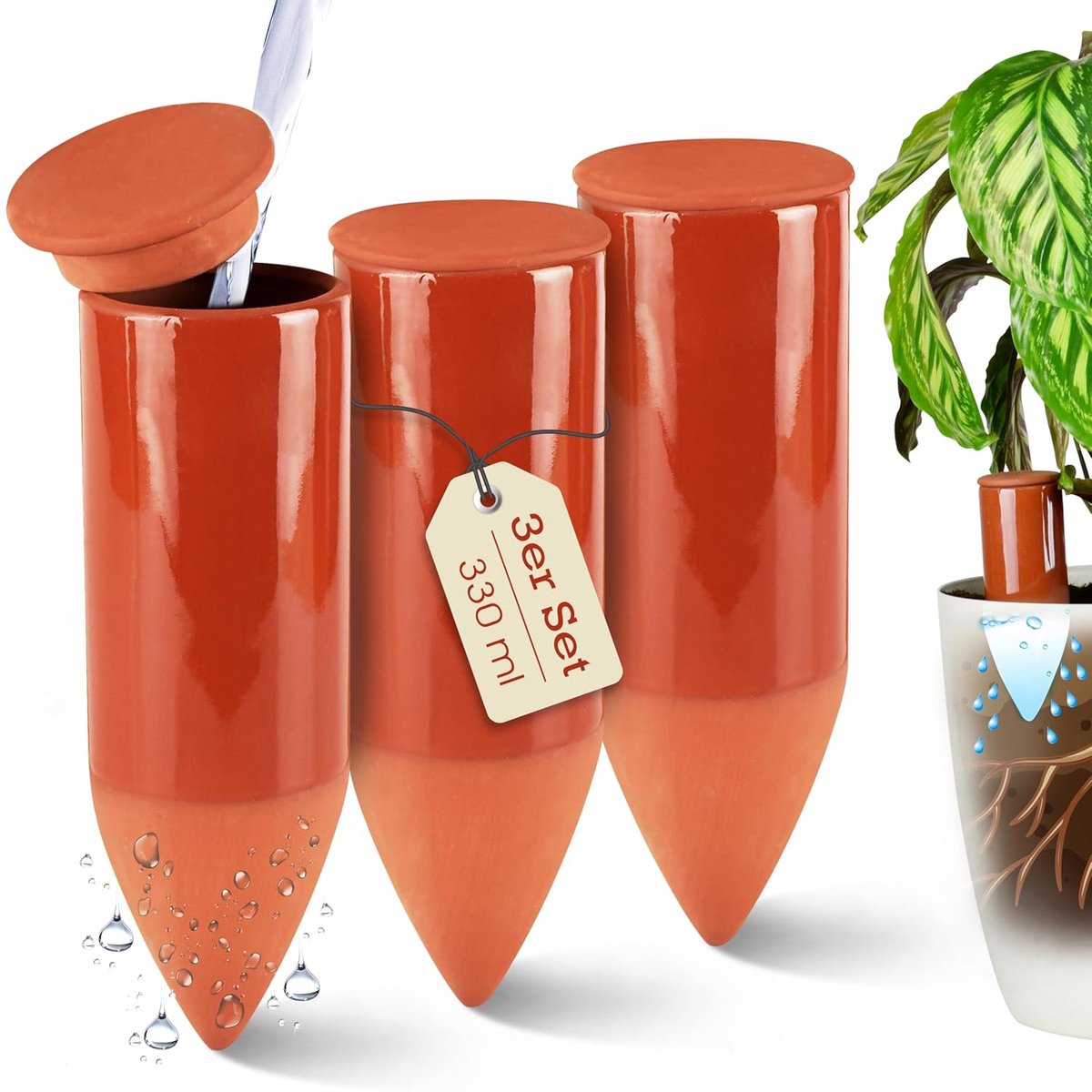 SnelShoppen - Terracotta Watering Aid Set van 3 - Handgemaakte Watergeefhulp voor Binnenplanten - 330 ml Water Level Indicator - Decoratieve Waterkan