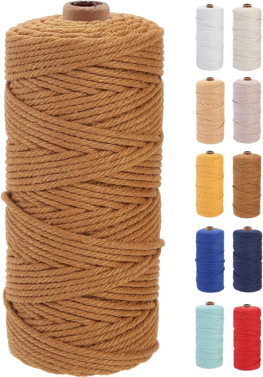 Premium 3mm Macrame Koord van 100m - Zacht Katoenen Touw, Chemisch Vrij, Perfect voor Macrame Kunst en Creatieve Projecten in Caramel Kleur