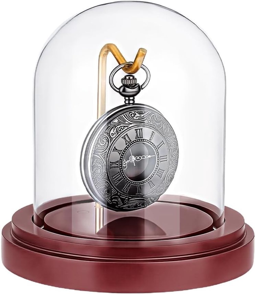 Gebogen glas standaard voor vintage horloge, houten sokkel en metalen haak voor zakhorloges, 10,8 x 10,8 cm, perfect voor presentatie en bescherming van horloges