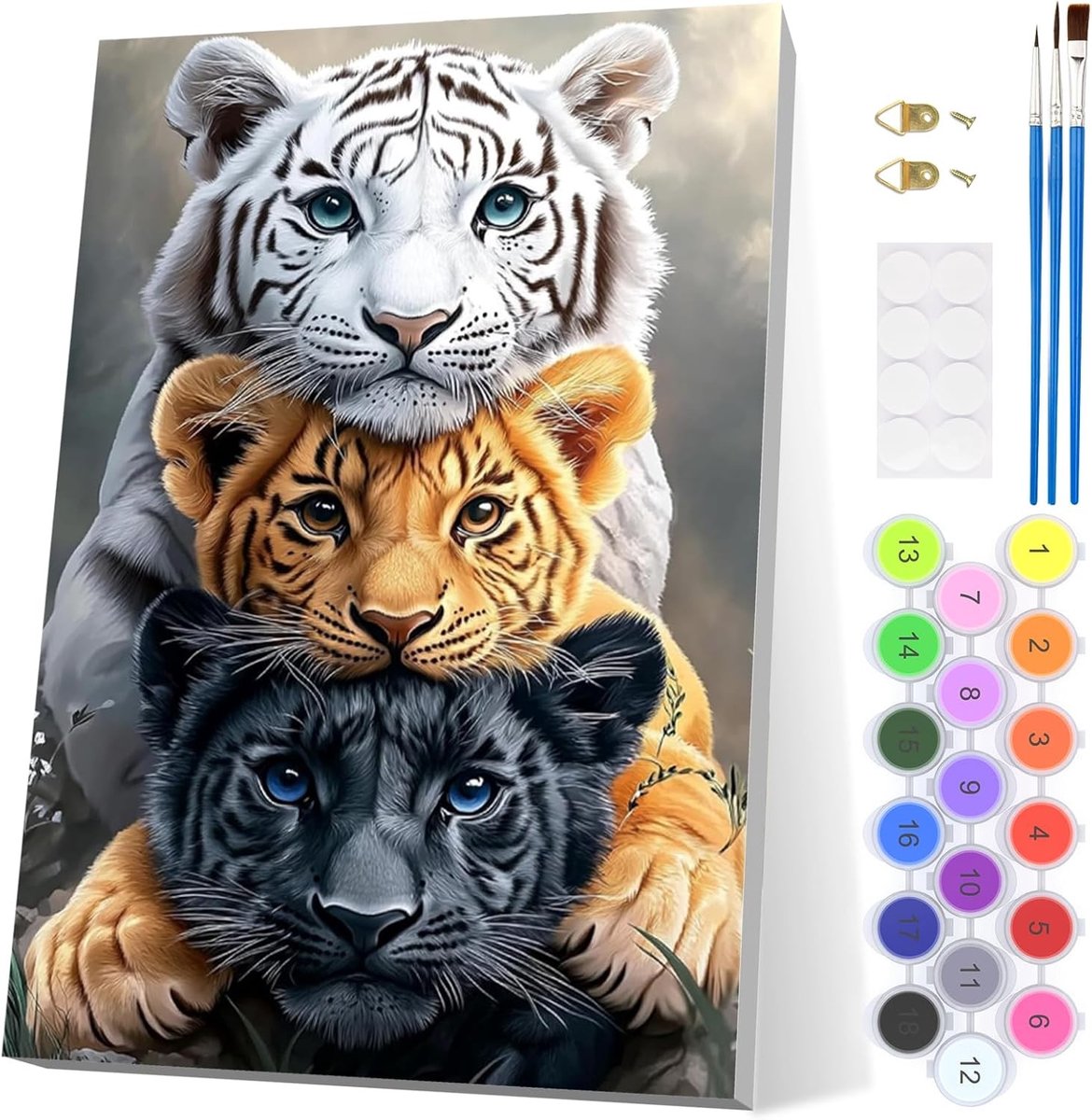 Tiger Young Schilderen op Nummer voor Volwassenen - DIY Dierenschilderij Set met Lijsten, 3 Penseel en Acrylverf op Rimpelvrij Canvas