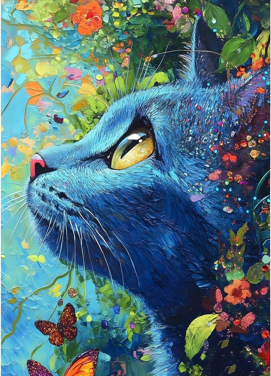 Fantasy Kat Diamant Schilderen Kits voor Volwassenen en Beginners, 5D Bloemen Diamant Kunst, DIY Ronde Volledige Drill Vlinder Kunst voor Ontspanning en Wanddecoratie