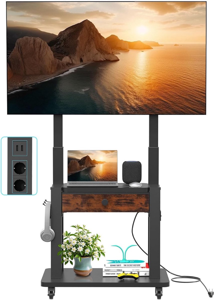 SNJY® TV Standaard Verrijdbaar - TV Standaard op Wielen - TV Voet - Met Meubel - Voor 32 tot 75 Inch TV's - Tot 100KG - Zwart