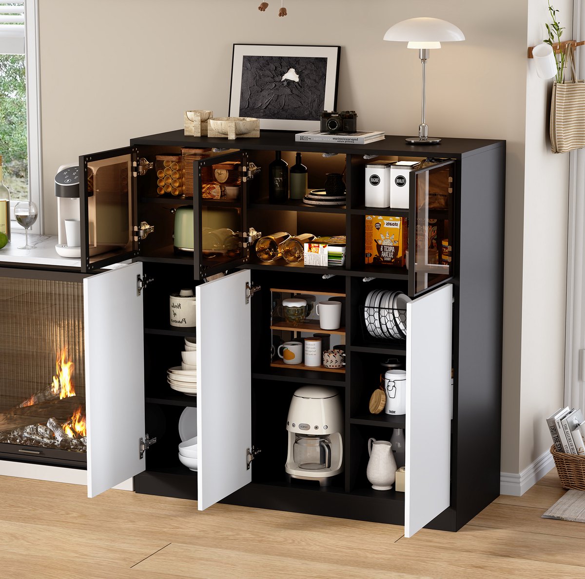 COVREO Dressoir 100 x 40 x 105 cm - met verlichting, 3 glazen deuren, 3 witte deuren, zwart wit Black