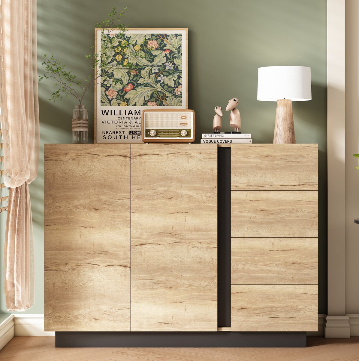 COVREO Dressoir 120 x 35,5 x 90,5 cm - 4 lades, 2 deuren, drukopener, naturel en zwart