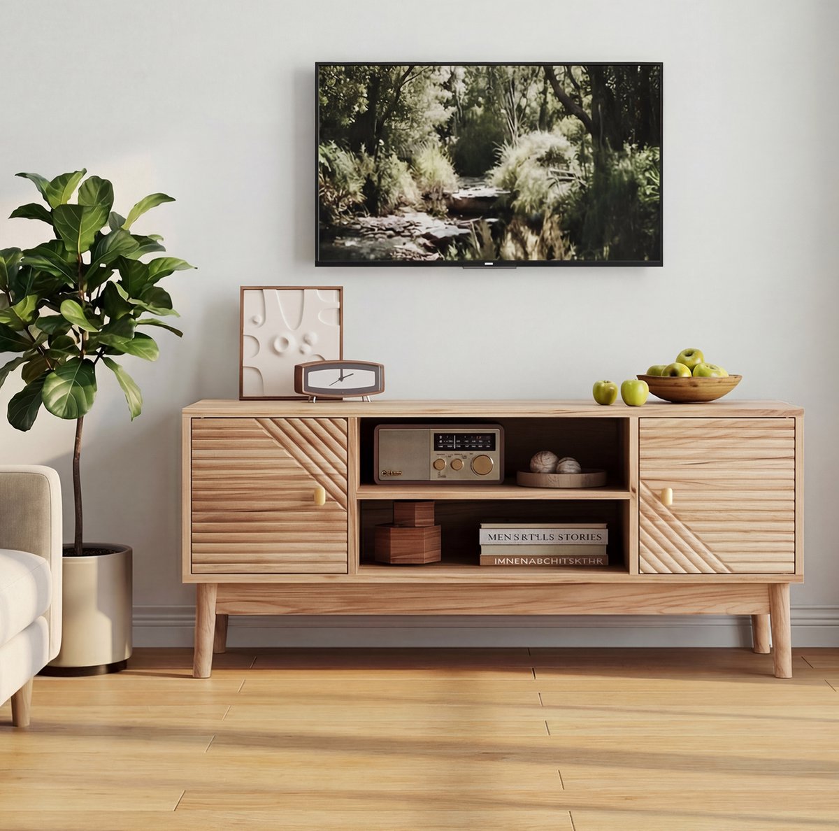 COVREO tv meubel 110 x 40 x 48 cm - MDF, opbergruimte, deuren, kabelopening, oak