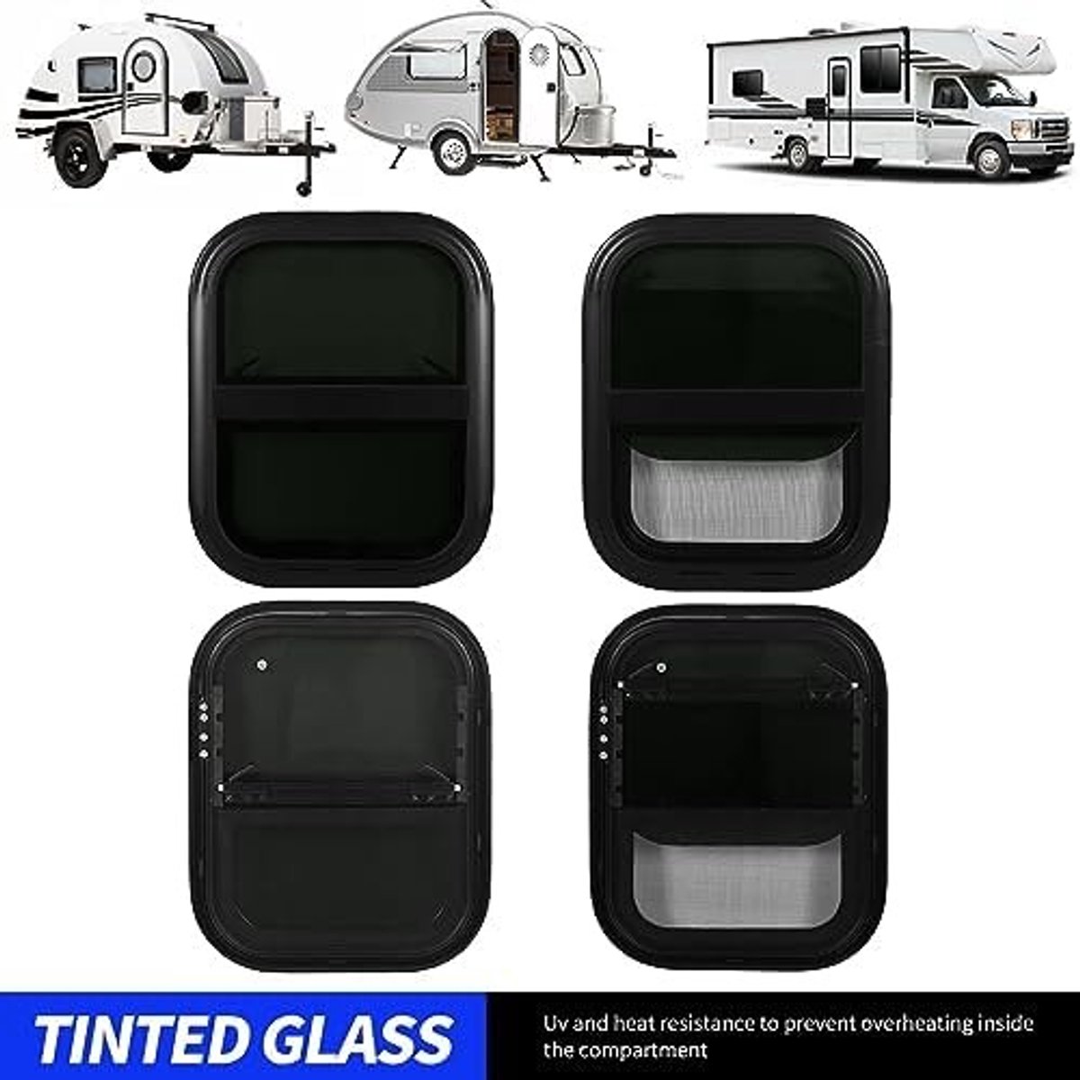 Verstelbare schuiframen voor campers met gaas, 440mm hoog en 390mm breed, getint veiligheidsglas, waterdicht en ideaal voor caravans