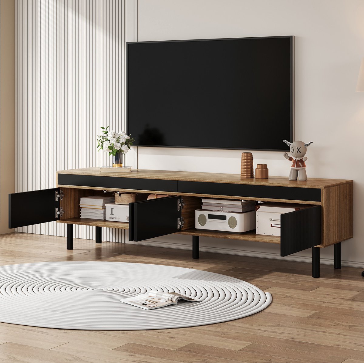 COVREO TV meubel 170 x 38 x 47 cm - 4 deuren, drukopening, zwart en naturel