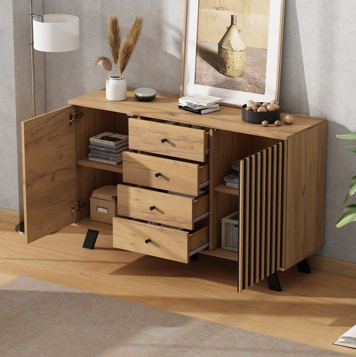 COVREO Dressoir 120 x 38 x 75 cm - 4 lades, 2 kastvakken, MDF, zwart en naturel