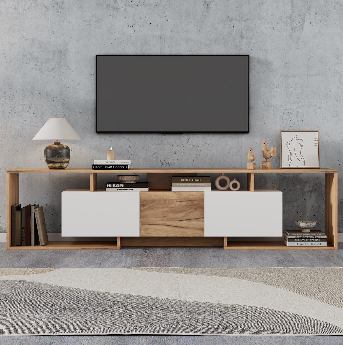 OKWISH TV Meubel - Lowboard Met 2 Klepdeuren, 1 Draaideur En 3 Open Vakken - Woonkamer - Spaanplaat Wit En Naturel - 180x30x49 cm