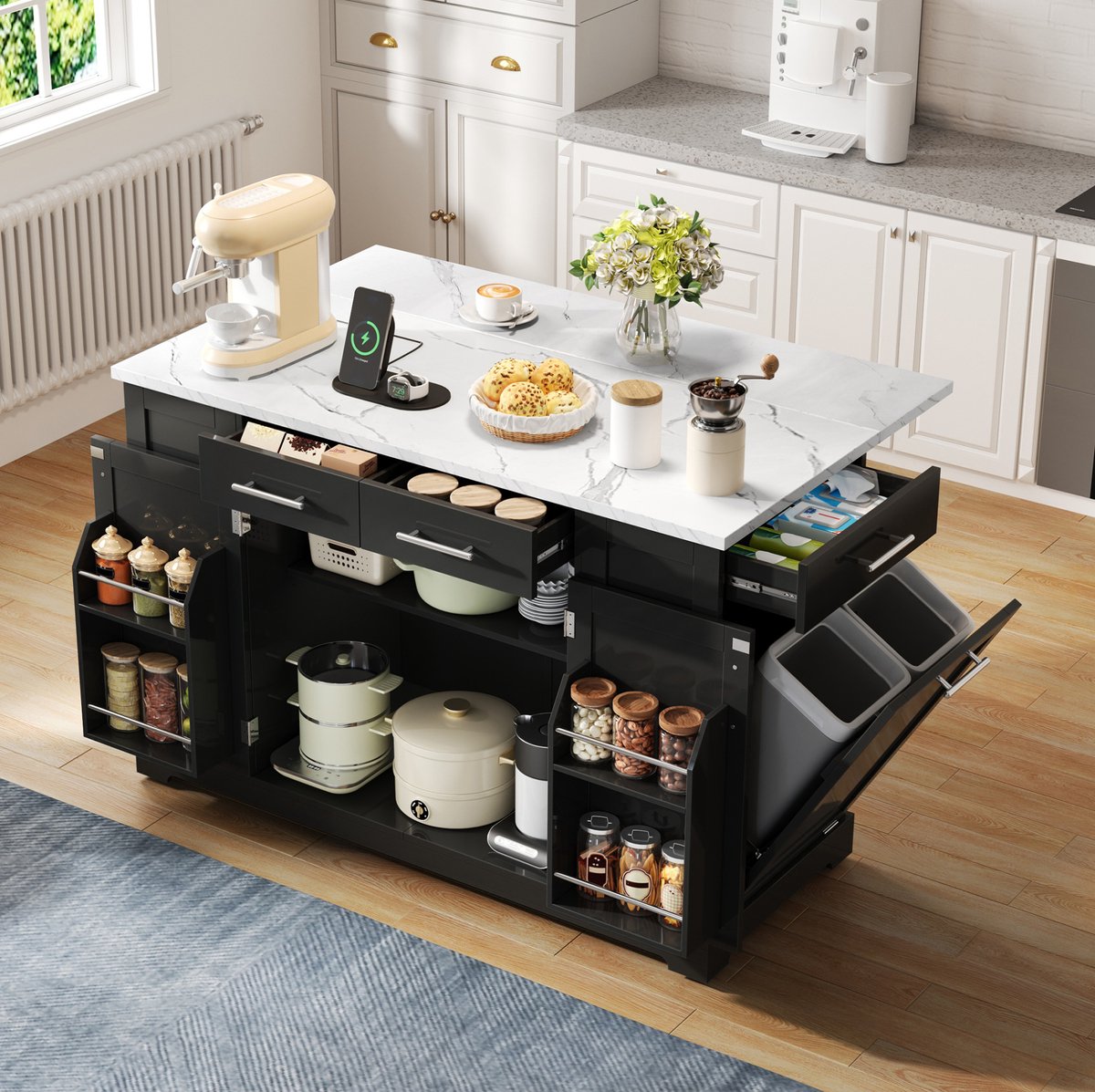 OKWISH Buitenkeuken - Keukeneiland Met Klapblad En Stopcontact - Verrijdbaar Met Afvalvak En Opbergruimte - MDF Zwart - 138x86x92 cm