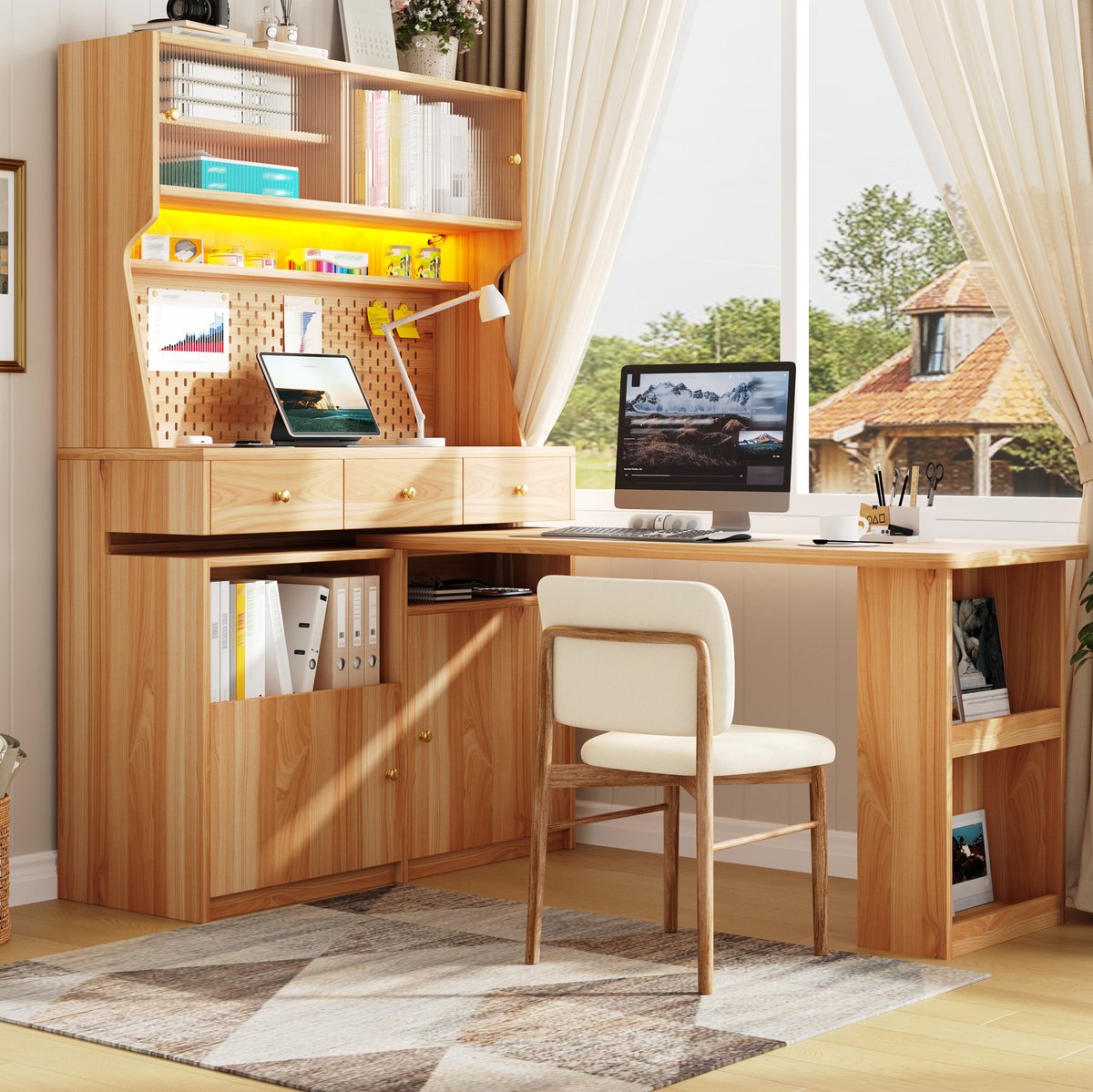 OKWISH Buffetkast – Geintegreerd Bureau En Bartafel – Ledverlichting Met Appbediening – Glazen Deuren – MDF Naturel – 137x74x177,7 cm