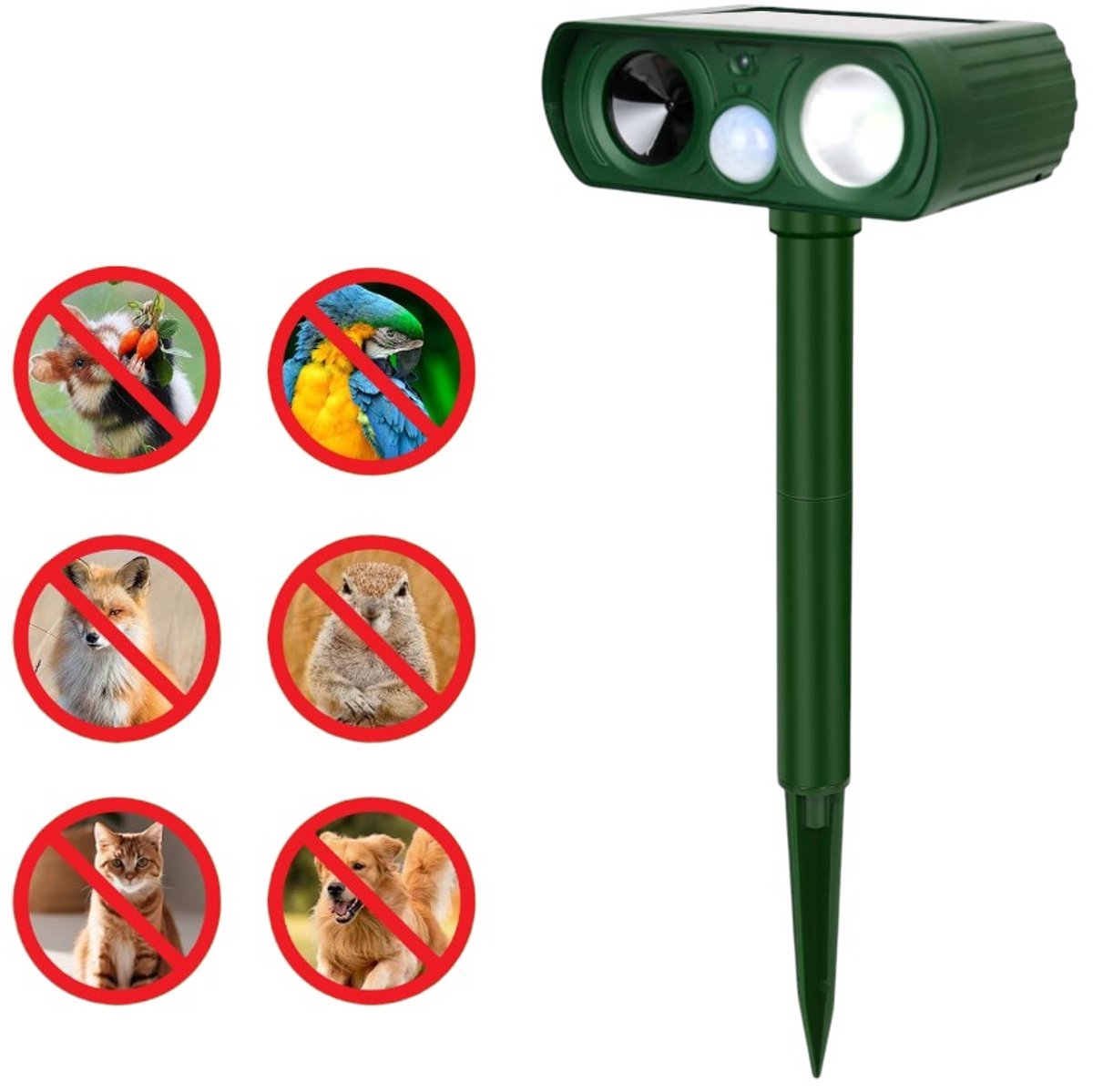 Groene dierenverjager – Werkt op zonne-energie (voor buiten) – Dubbele werking met led-stroboscoop – Geschikt voor katten, honden, ratten, wasberen en andere tuindieren – 36,7 x 14,3 x 9,4 cm