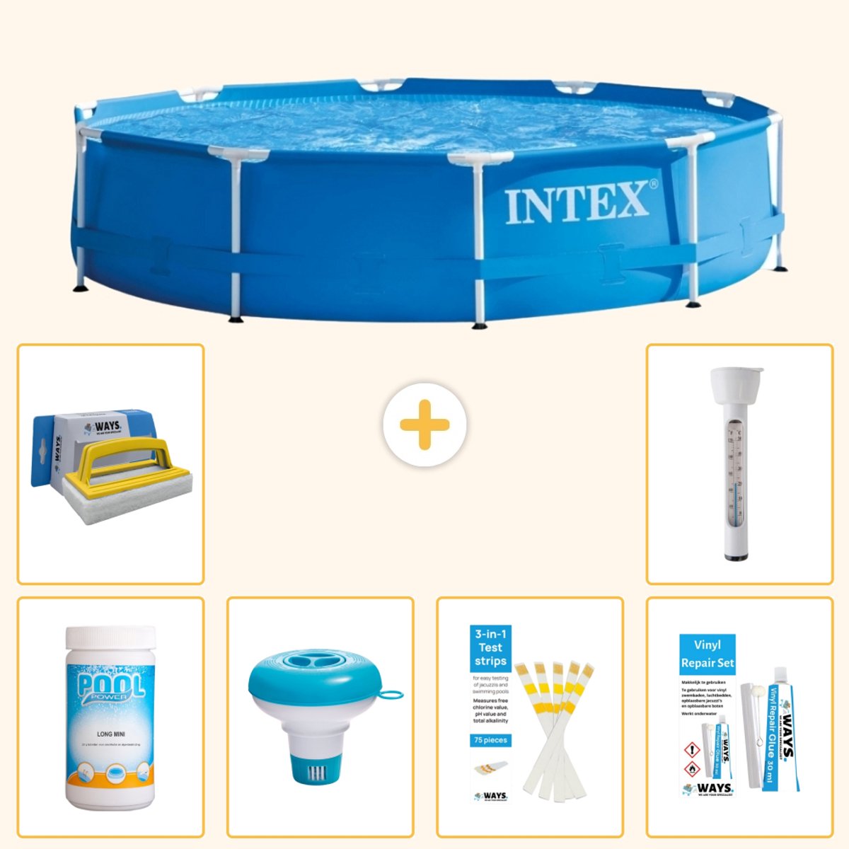Intex Rond Frame Zwembad - 305 x 76 cm - Blauw - Inclusief Chloor - Chloordrijver - Testrips - Reparatiesetje - Scrubborstel - Thermometer - 7-delig