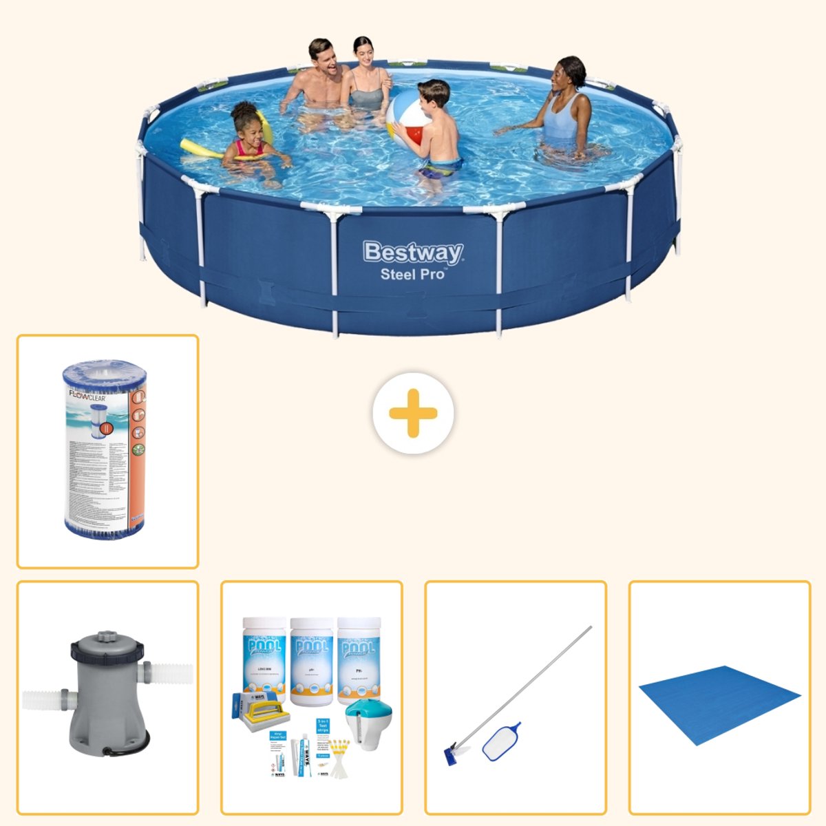 Bestway Rond Steel Pro Zwembad - 396 x 84 cm - Blauw - Inclusief Pomp - Onderhoudspakket - Schoonmaakset - Grondzeil - Filter - 6-delig