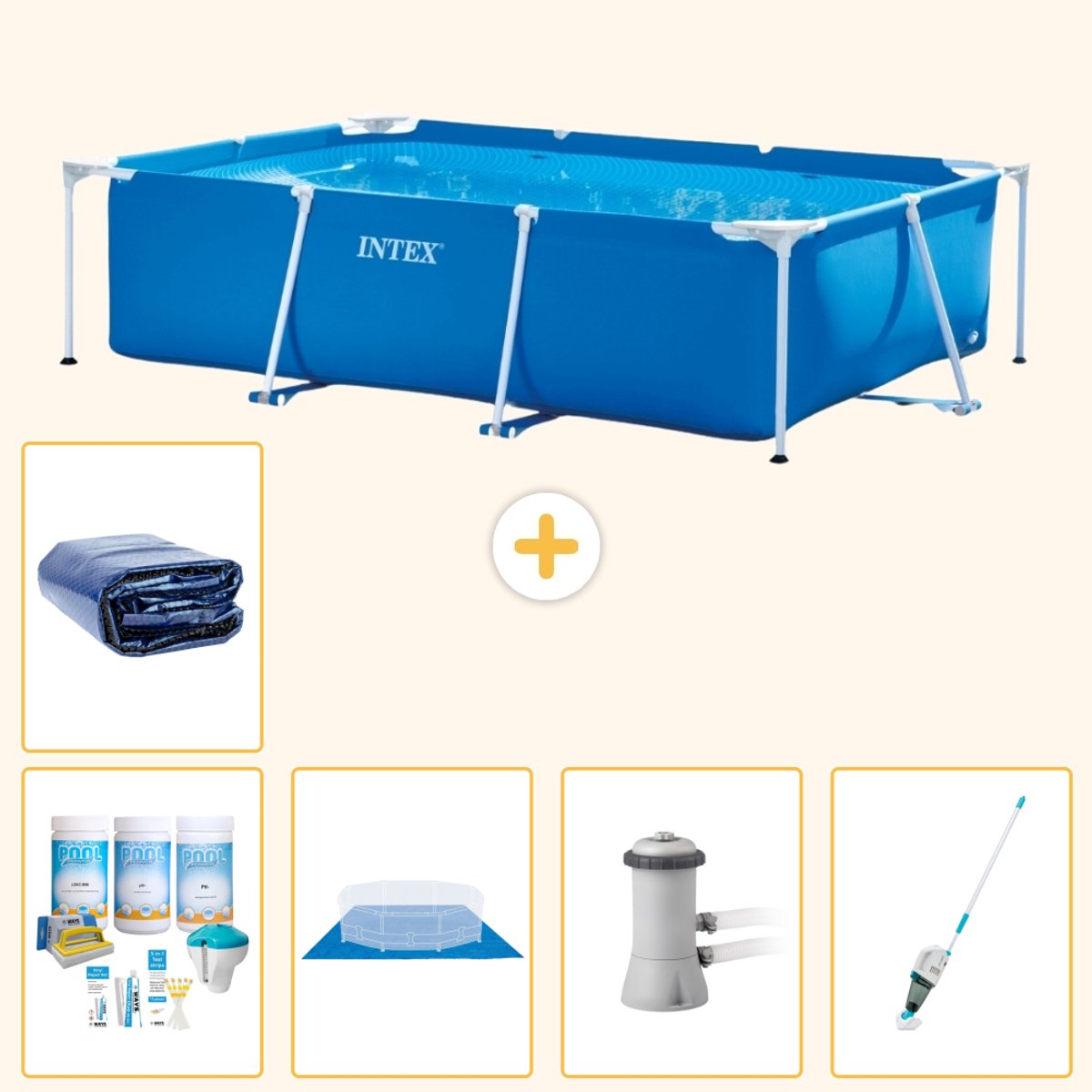 Intex Rechthoekig Frame Zwembad - 300 x 200 x 75 cm - Blauw - Inclusief Onderhoudspakket - Grondzeil - Zwembadfilterpomp - Stofzuiger - Solarzeil - 6-delig