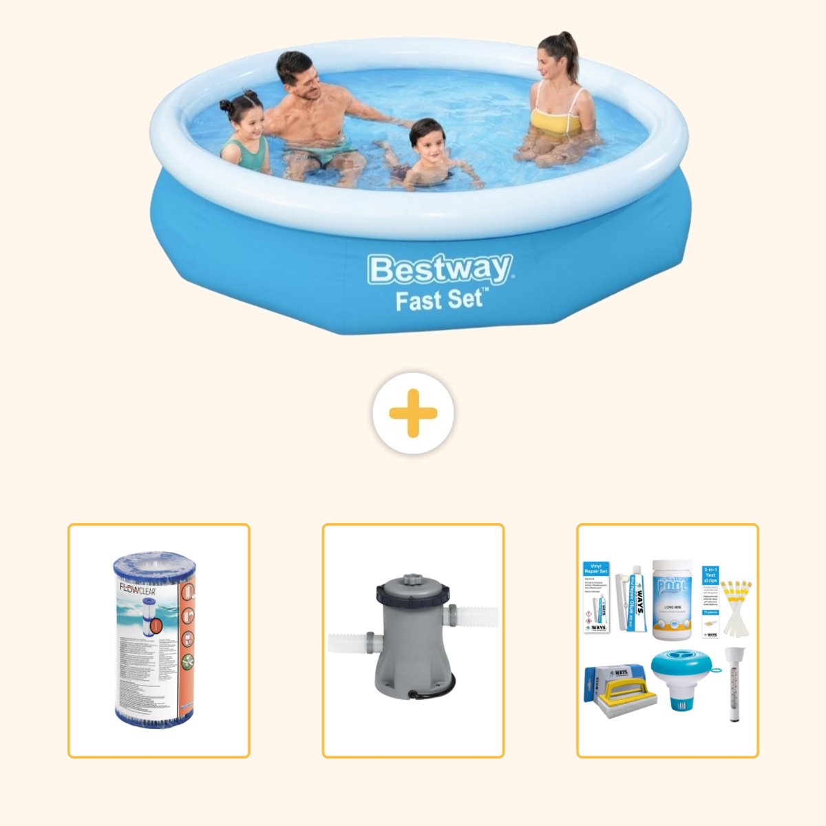 Bestway Rond Opblaasbaar Fast Set Zwembad - 305 x 66 cm - Blauw - Inclusief Filter - Zwembadfilterpomp - Onderhoudspakket - 4-delig