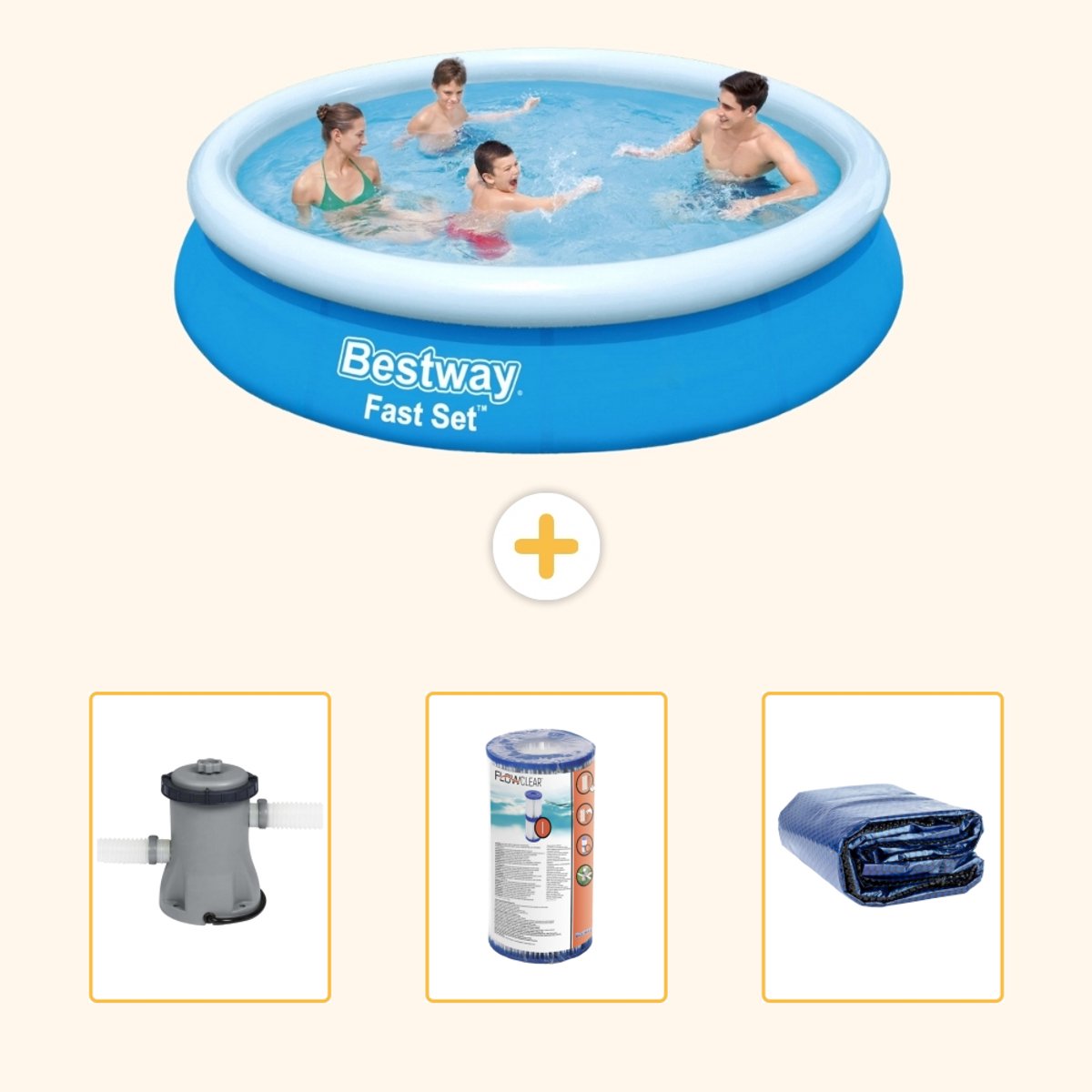 Bestway Rond Opblaasbaar Fast Set Zwembad - 366 x 76 cm - Blauw - Inclusief Pomp - Filter - Solarzeil - 4-delig