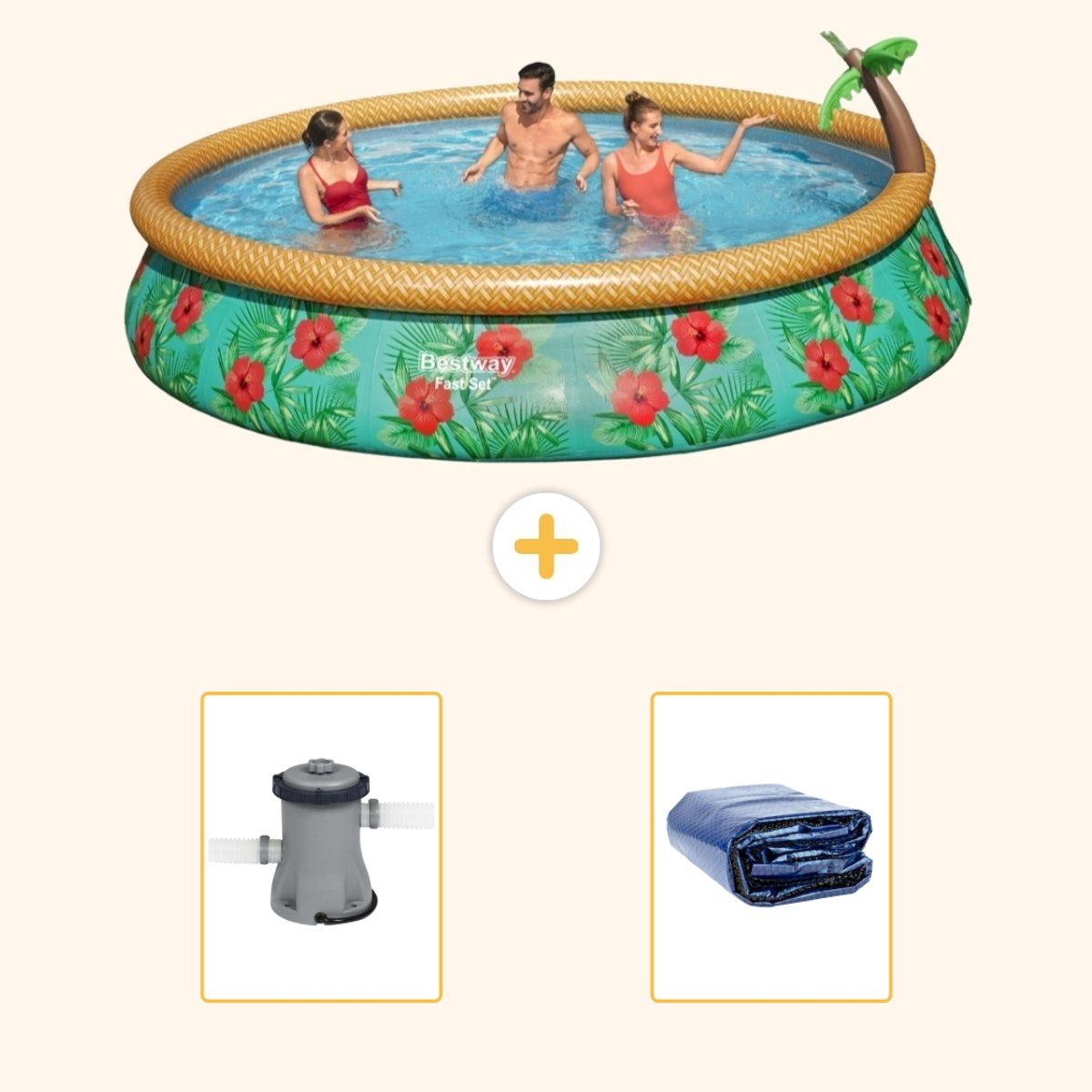 Bestway Rond Opblaasbaar Fast Set Zwembad - Paradijsprint - 457 x 84 cm - Inclusief Pomp - Solarzeil - 3-delig