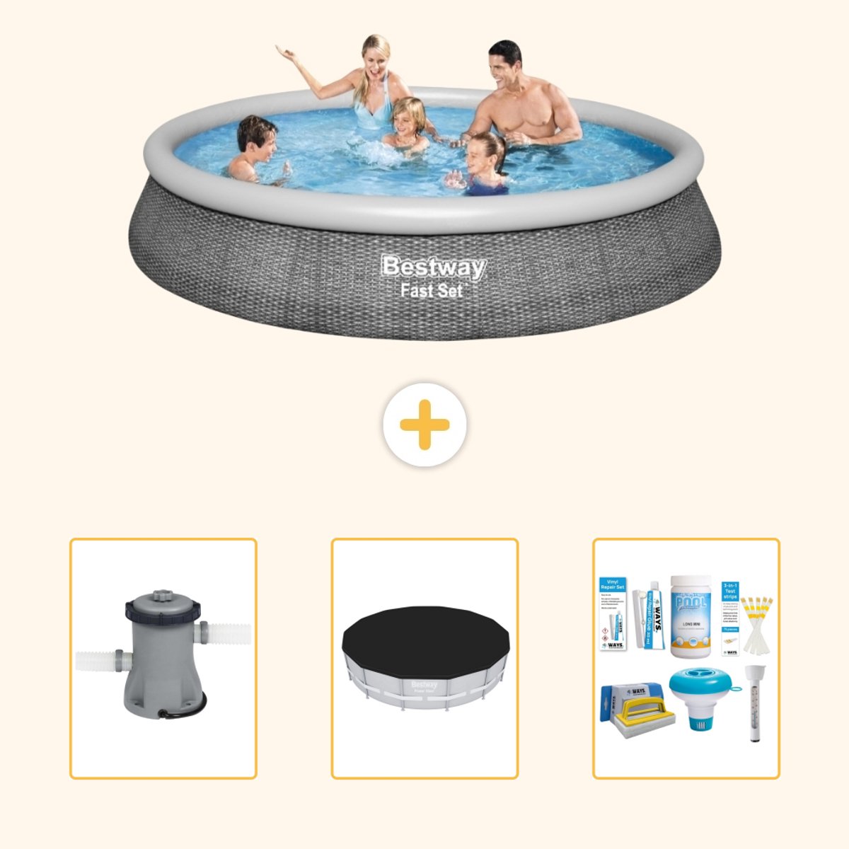 Bestway Rond Opblaasbaar Fast Set Zwembad - Rotanprint - 396 x 84 cm - Inclusief Pomp - Afdekzeil - Onderhoudspakket - 4-delig
