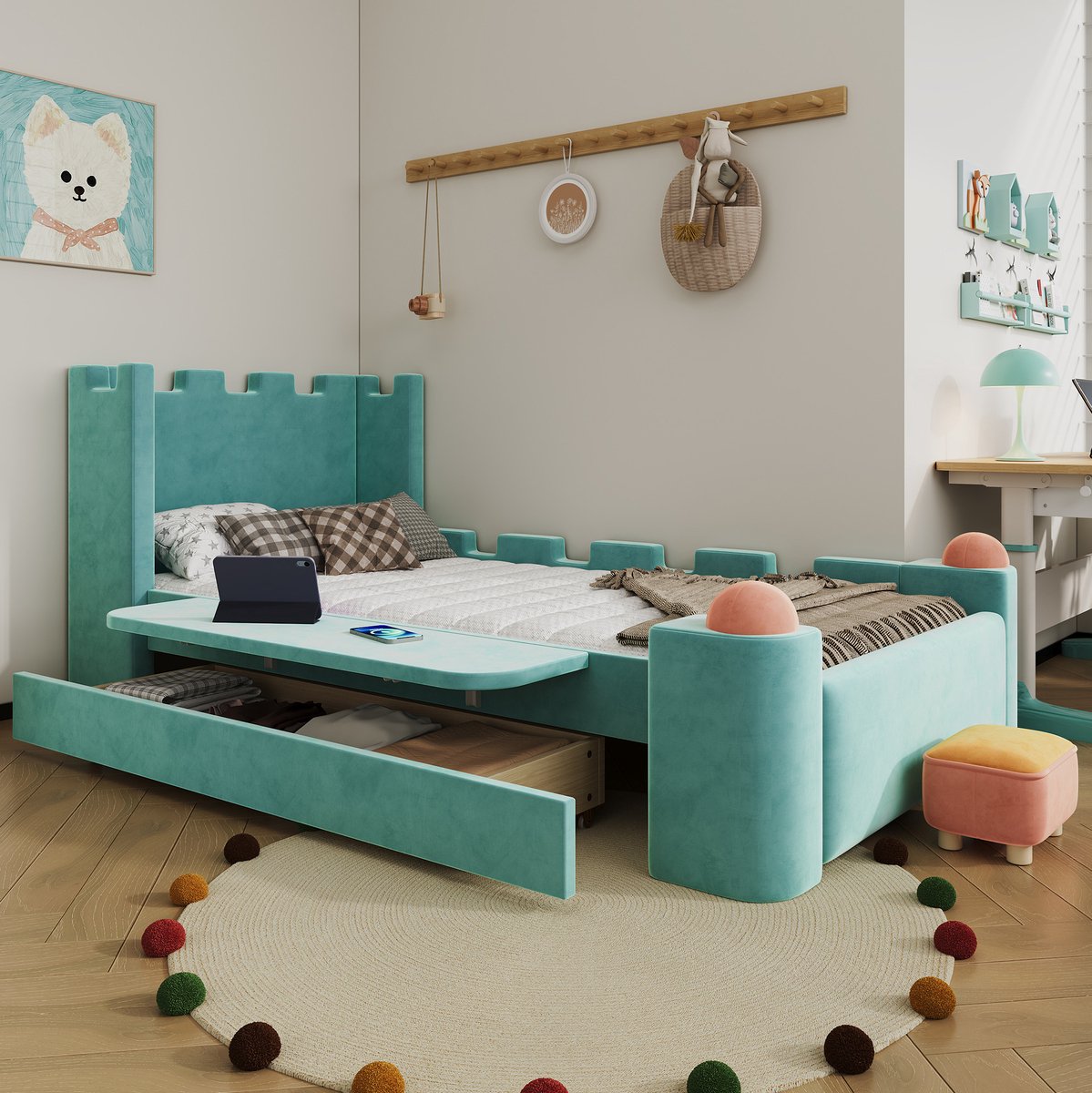 OKWISH Kinderbed 90x200 cm - Kasteelontwerp met Opklapbare Zijplank - Met Opberglade en Veiligheidsranden - Zonder Matras - Blauwgroen