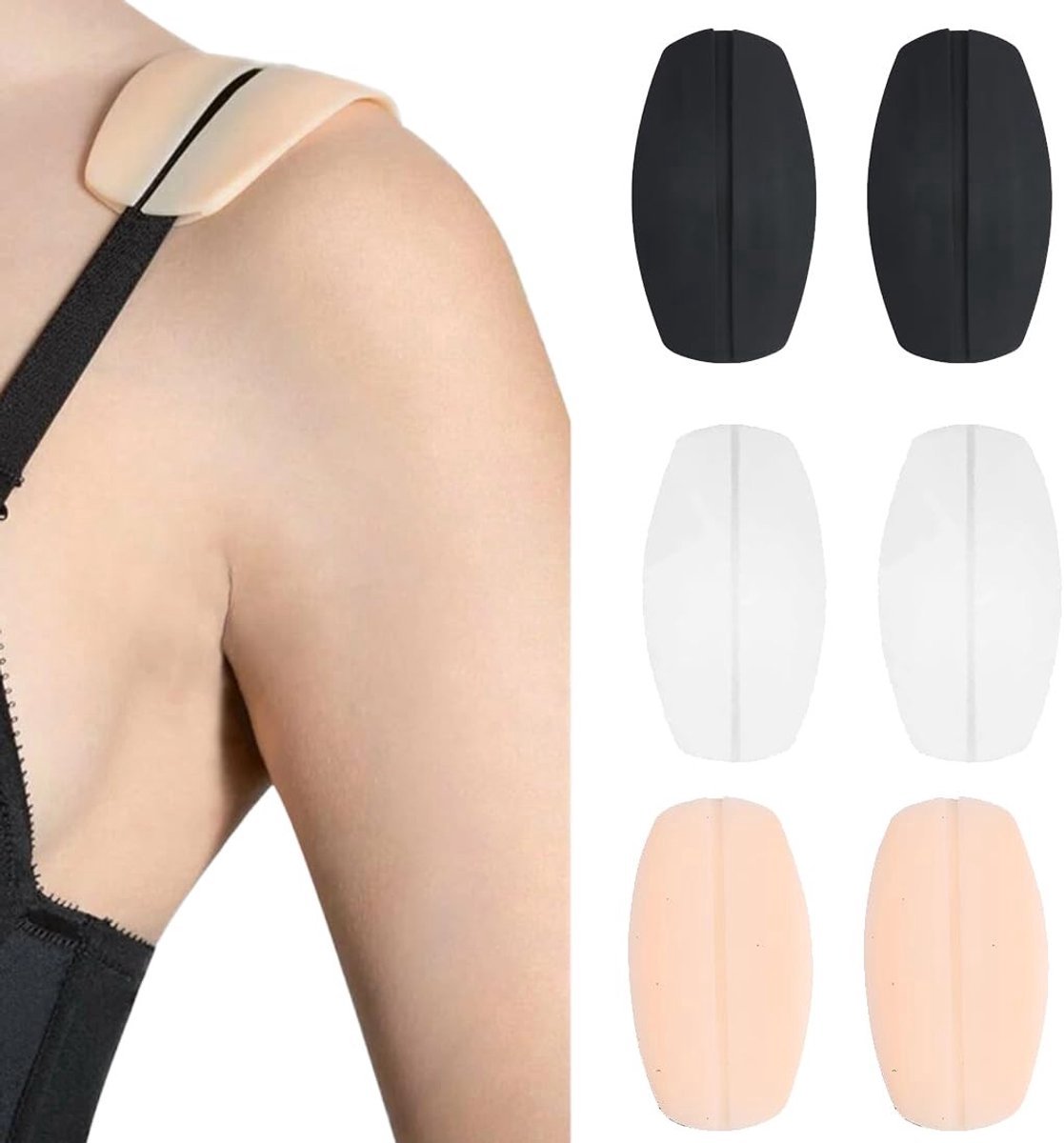 3 paar BH pads - Schouderpads - Beha bandje - Pads tegen snijdende BH handjes - Beha band kussentjes - Bra strap cushions - Siliconen - Beige/zwart/wit - 3 paar - Jonyx