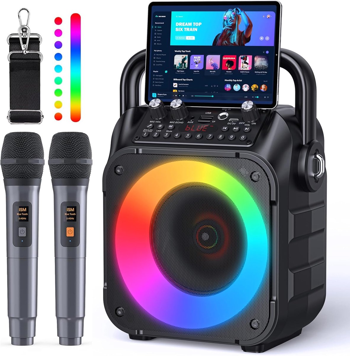 Thijox - Draagbare Karaokemachine met Bluetooth, 2 Draadloze Microfoons, LED Lampen, PA-systeem voor Feestjes, Kinderen en Volwassenen, Zwart