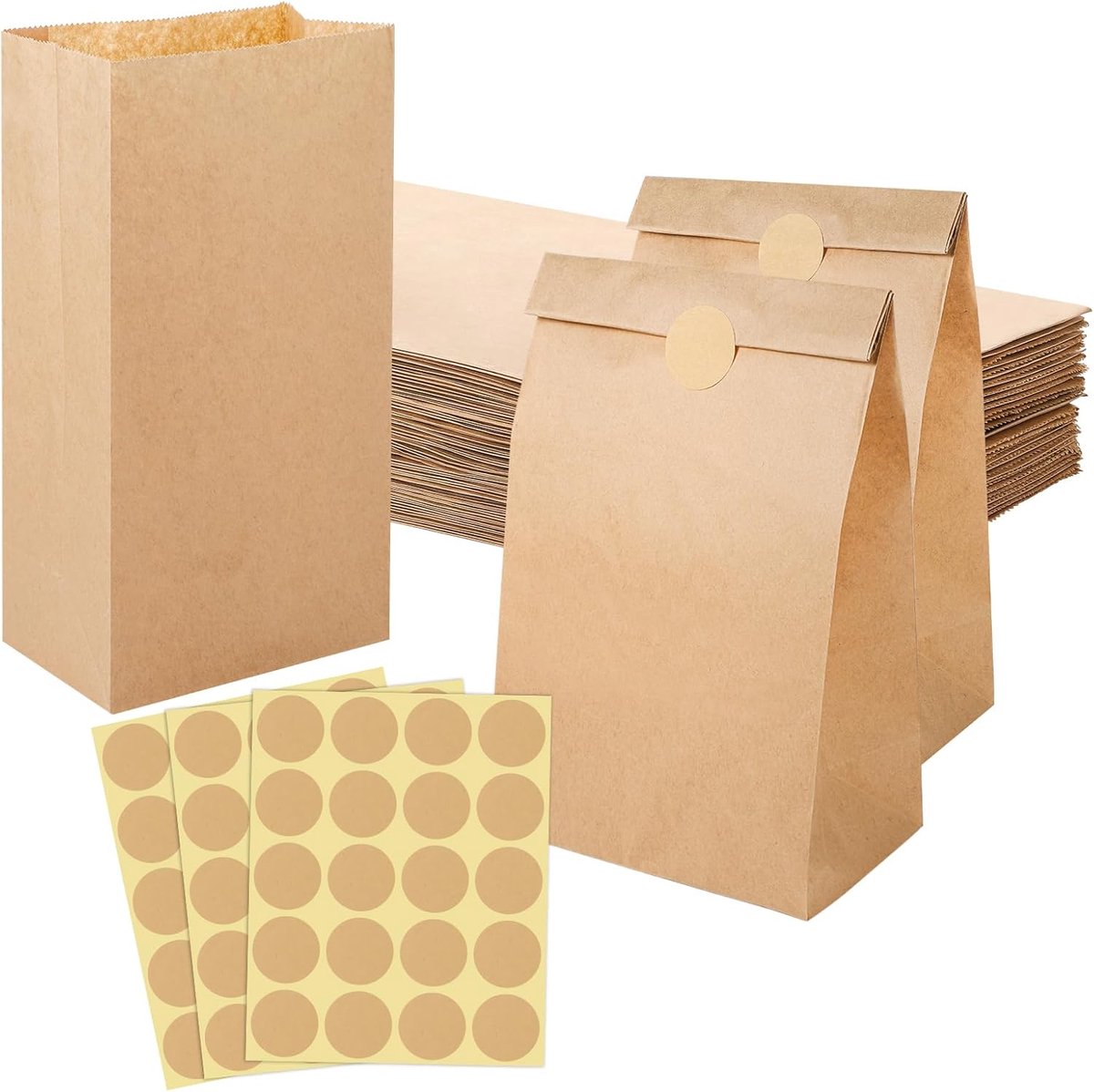 SnelShoppen - 50 Stuks Bruine Papieren Zakjes 15 x 28 x 9 cm - Kraftpapier Boterbroodzakjes met Stickers - Cadeauzakjes voor Verjaardag, Bruiloft, Adv