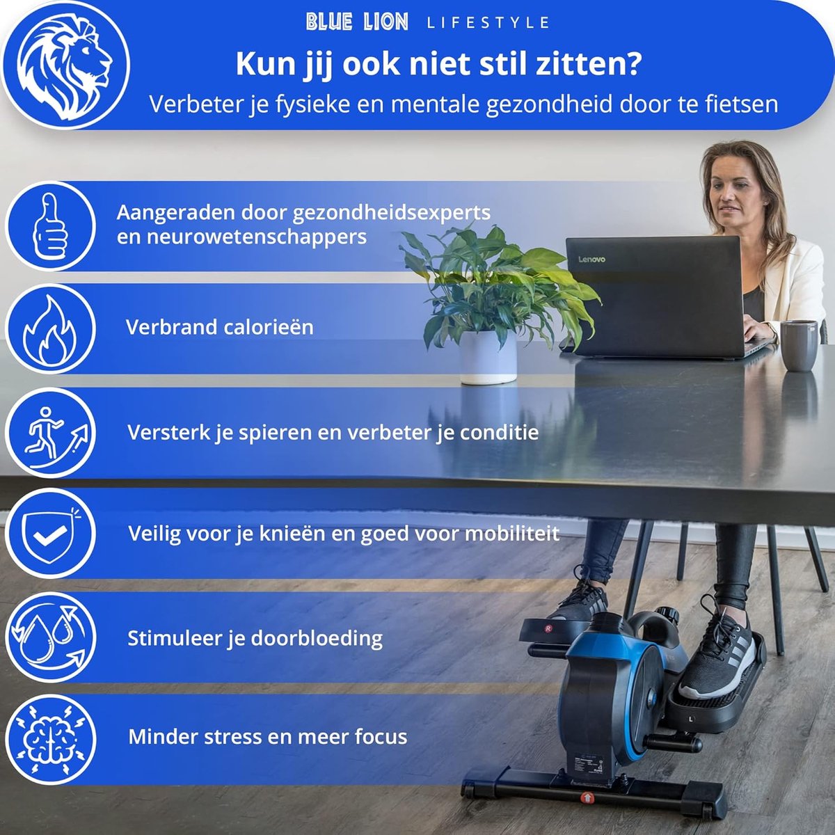 Thijox - Blue Lion Lifestyle Mini Hometrainer - Stoelfiets - Deskbike - Beweegtrainer - Mini Crosstrainer met Bluetooth - Ideaal voor Thuis en Kantoor