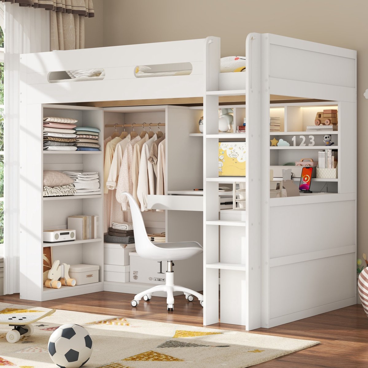 OKWISH Hoogslaper 90x200 cm - Met Bureau, Ledverlichting en Usb-Aansluiting - Met Lade en Opbergruimte - Zonder Matras - Hout en MDF - Wit
