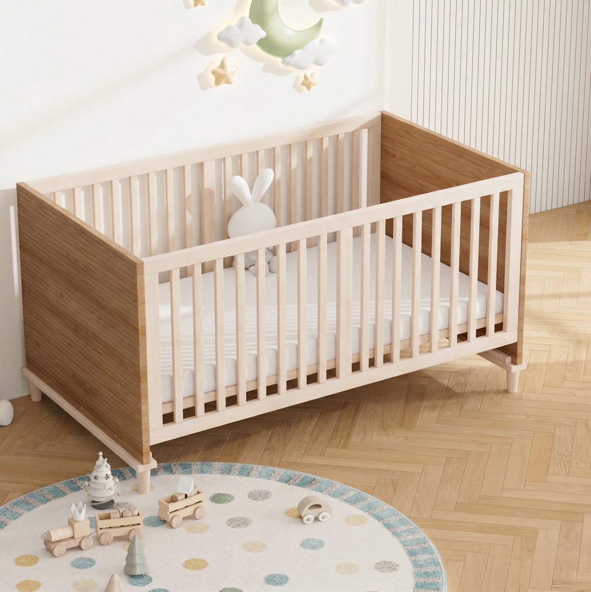 OKWISH Babybed 70x140 cm - 5-Traps Hoogteverstelling - Vrijstaand Ledikant Met Rondom Spijlen - Zonder Matras - Hout En MDF - Naturel