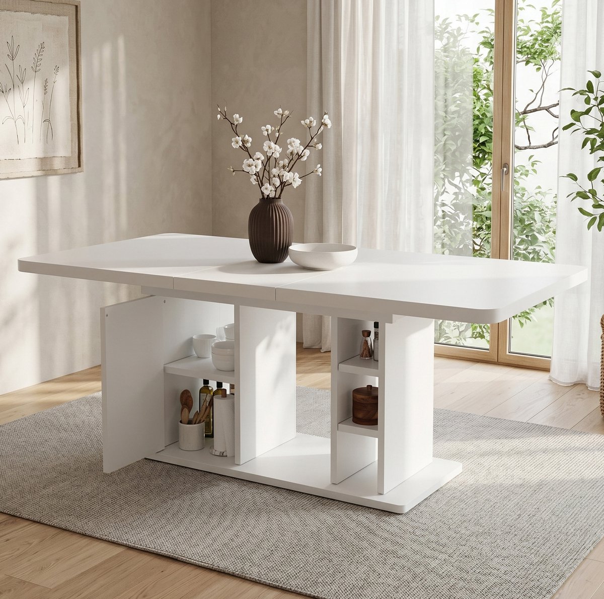 OKWISH Eettafel – Uitschuifbaar 140 Tot 180 x 80 Cm – Voor 6-8 Personen – Met Opbergruimte – Scandinavische Stijl – MDF Wit