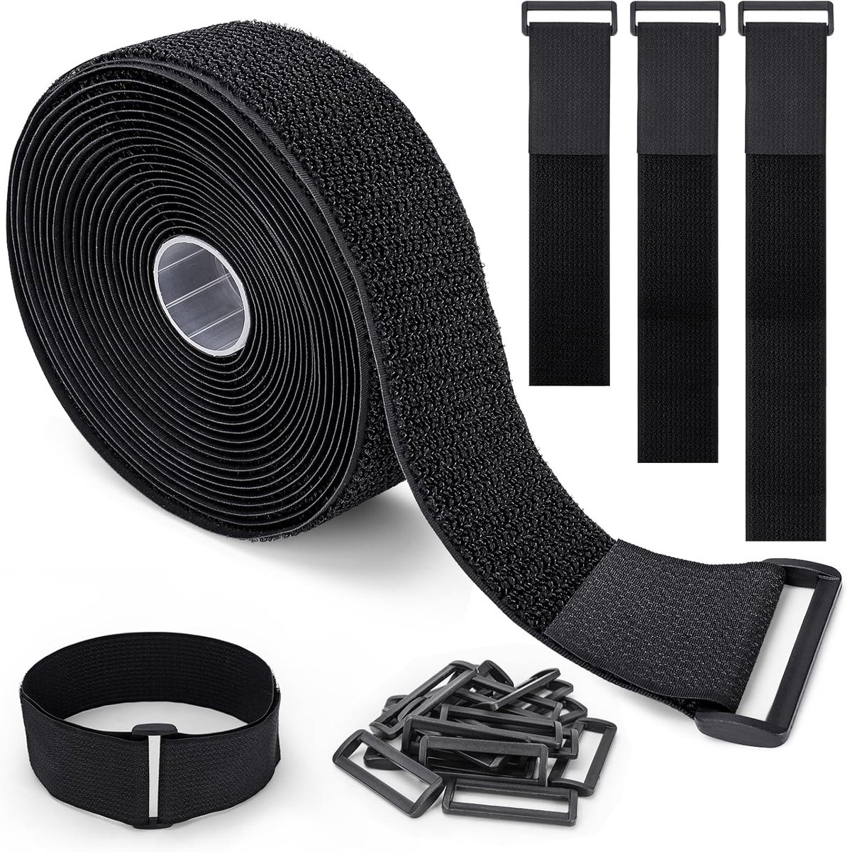 Thijox - 6M x 5CM Verstelbare Kabelbinders, Klittenband met 25 Gespen, Herbruikbare Kabelbinder, Op Maat te Snijden, Zwart voor Kabel Organiseren, Sla