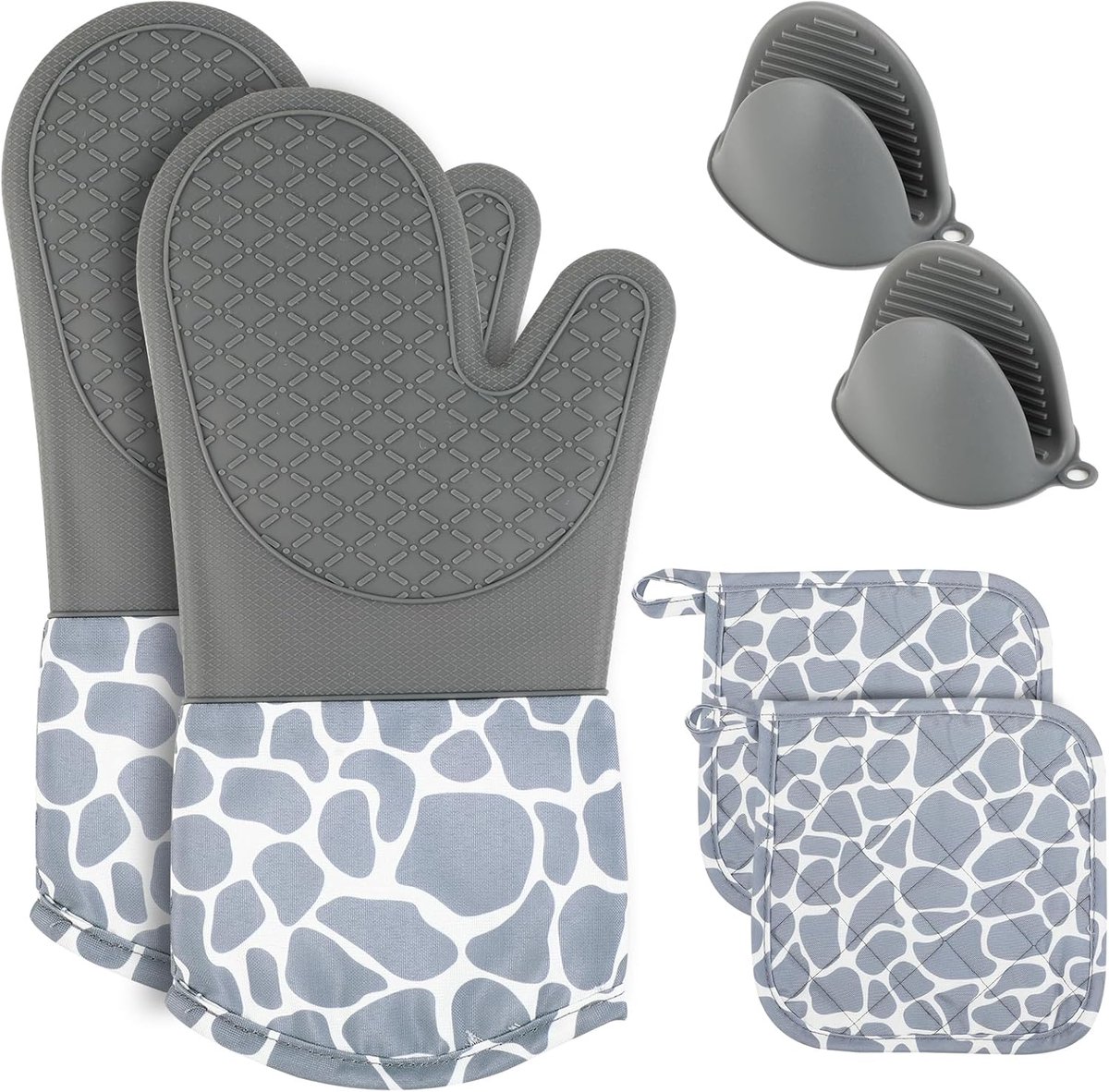 Thijox - Ovenwanten set van 6 pannenlappen hittebestendig tot 230 °C, inclusief 2 siliconen mini-handschoenen, 2 ovenwanten en 2 pannenlappen, duurzaa