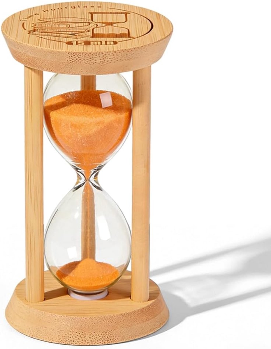 SnelShoppen - Houten en glazen zandloper - 15 minuten - Voor kinderen en volwassenen - Keuken, leren, tandenpoetsen, spelen - Tafeldecoratie - Creatie