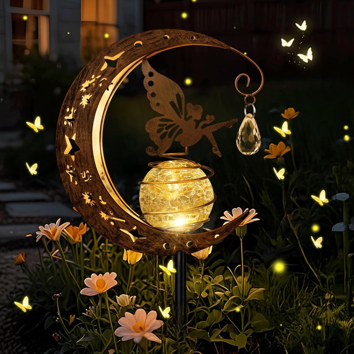 SnelShoppen - Fairy Solar Lights Outdoor Tuin Ornamenten - IP65 Waterdichte Zonne-Maan Licht - Crackle Glazen Bal - Warm Wit LED Metalen Staak Lichten