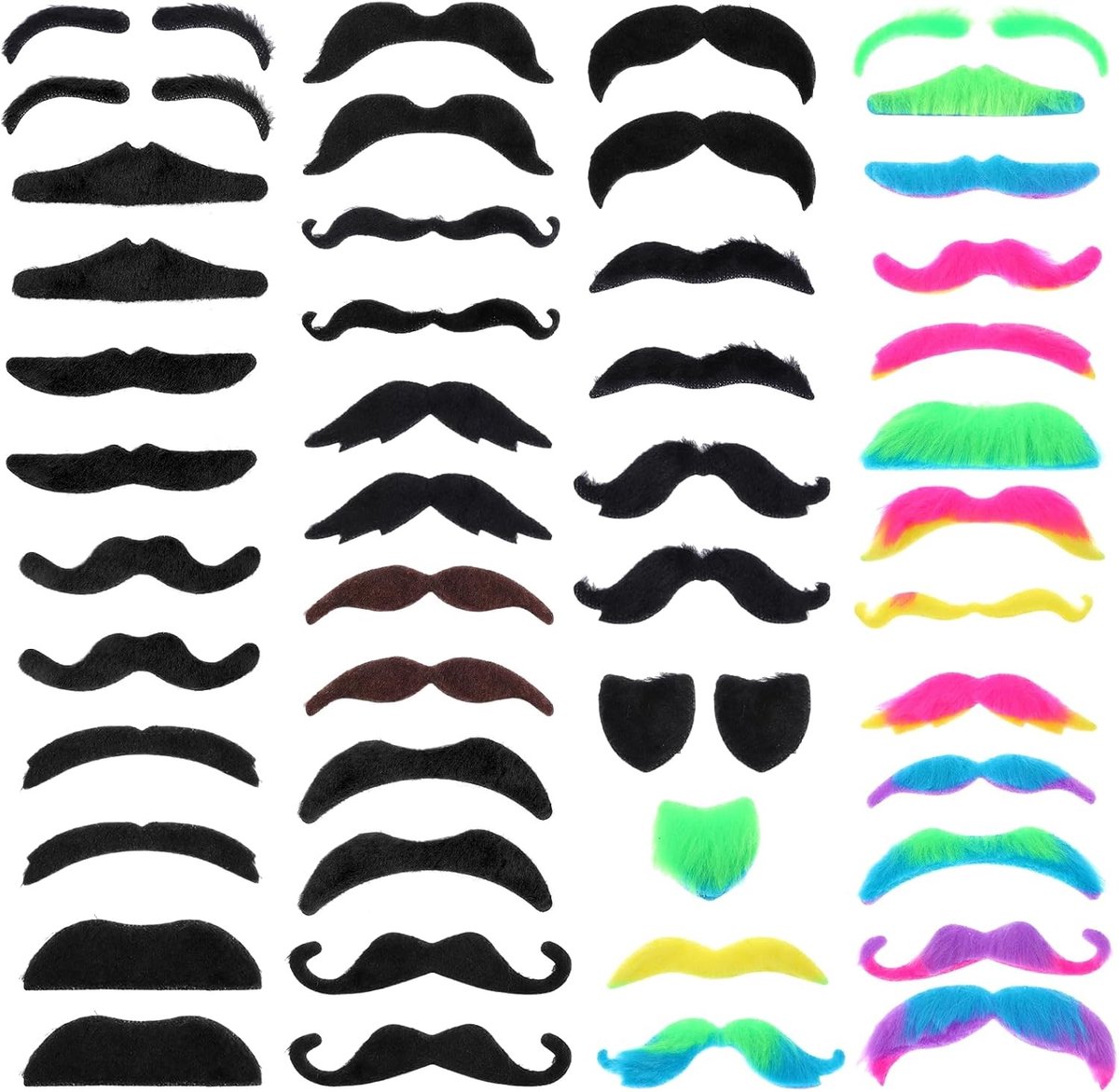 48 Stuks, 16 Stijlen, Kleurrijke Zelfklevende Snor en Neppetjes voor Ouderen, Perfect voor Halloween Kostuums en Feestjes