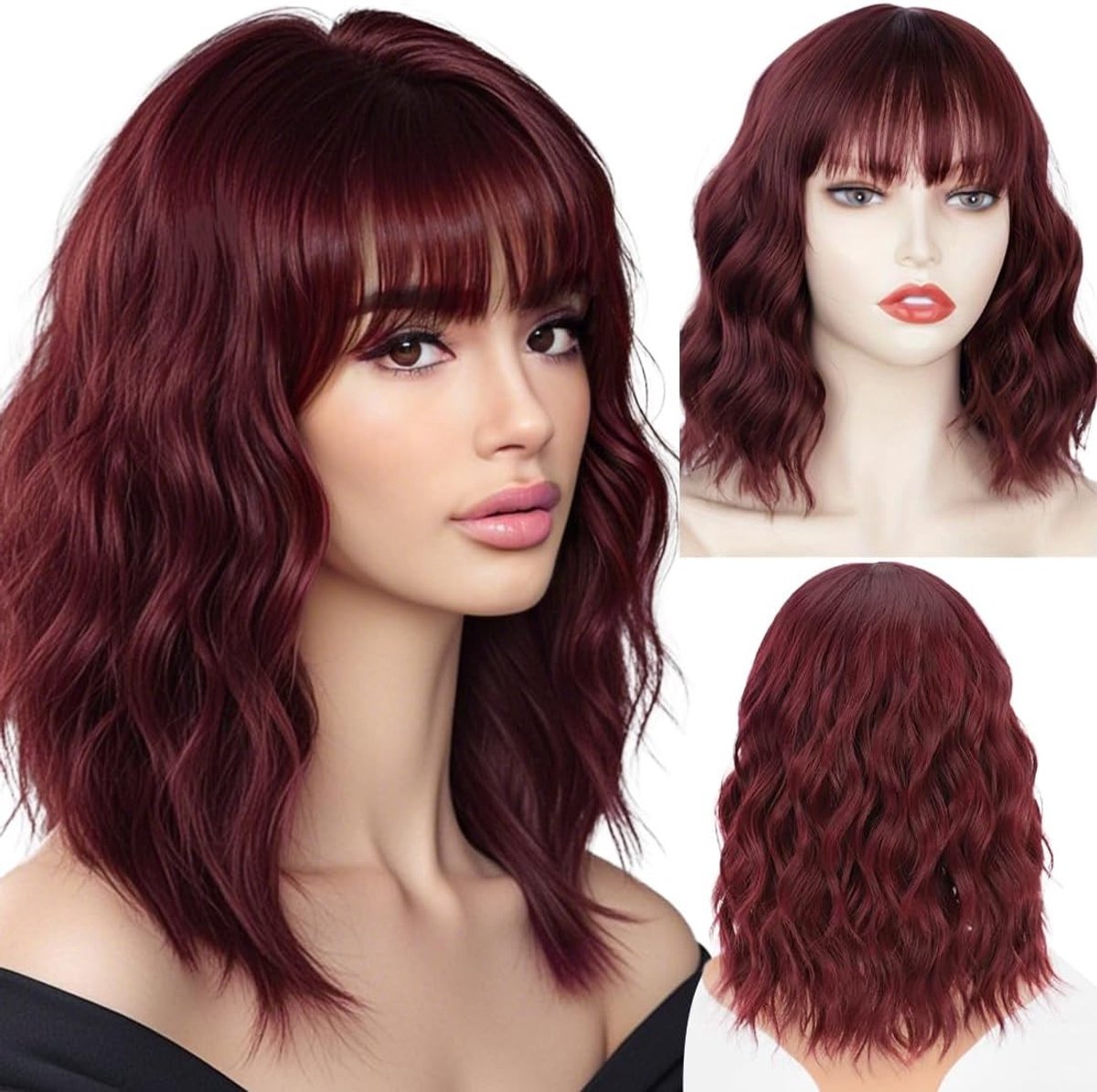 Korte Bob Peruk met Pony, Golvend en Krullend, Schouderlengte, Natuurlijke Look, Hittebestendig, Perfect voor Cosplay en Feestelijke Kostuums
