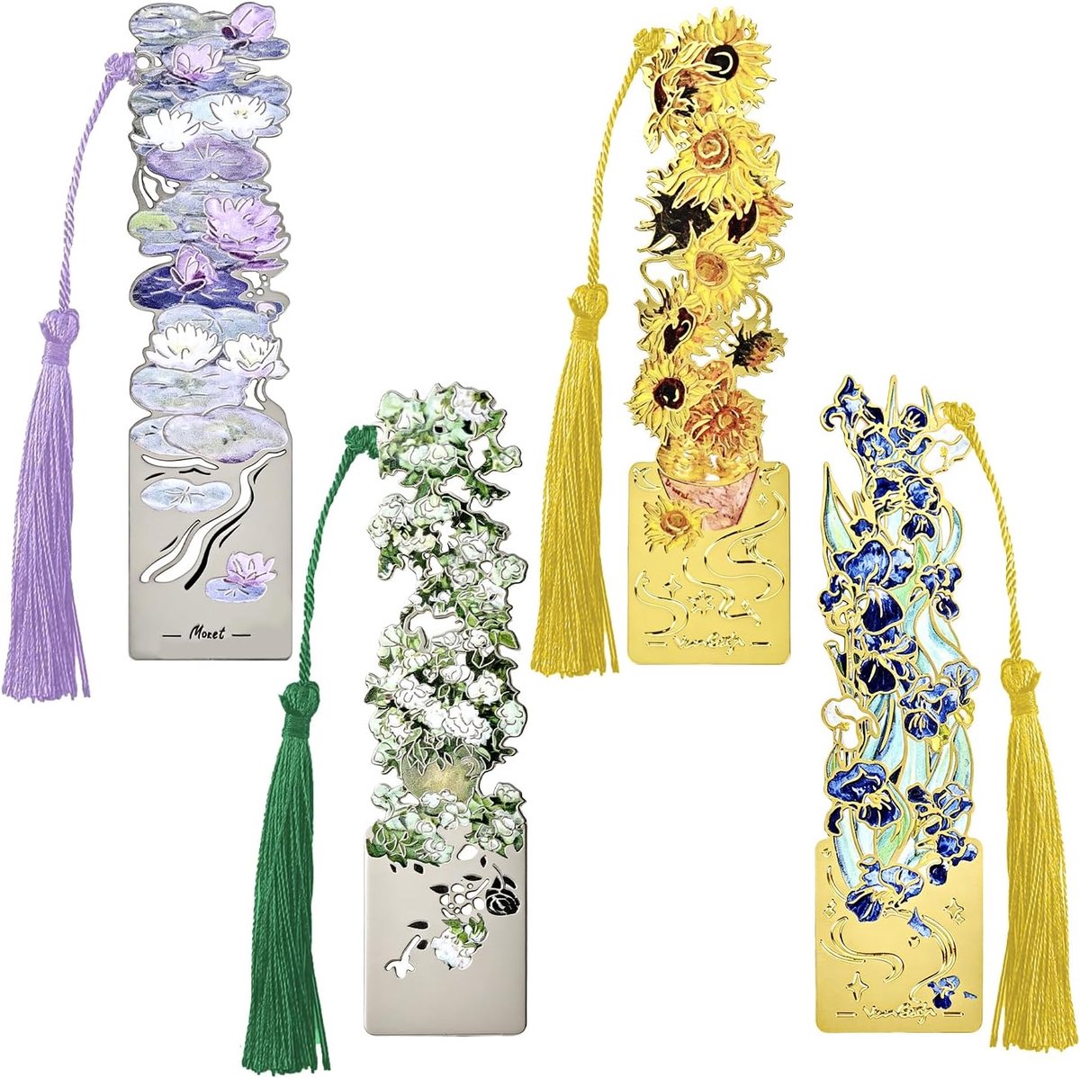 Thijox - Metalen Bladwijzers Set van 4 Stuks, Holle Bloem Olieverf Thema Boekenleggers met Kwastje, Decoratieve Leesaccessoires voor Dames, Studenten