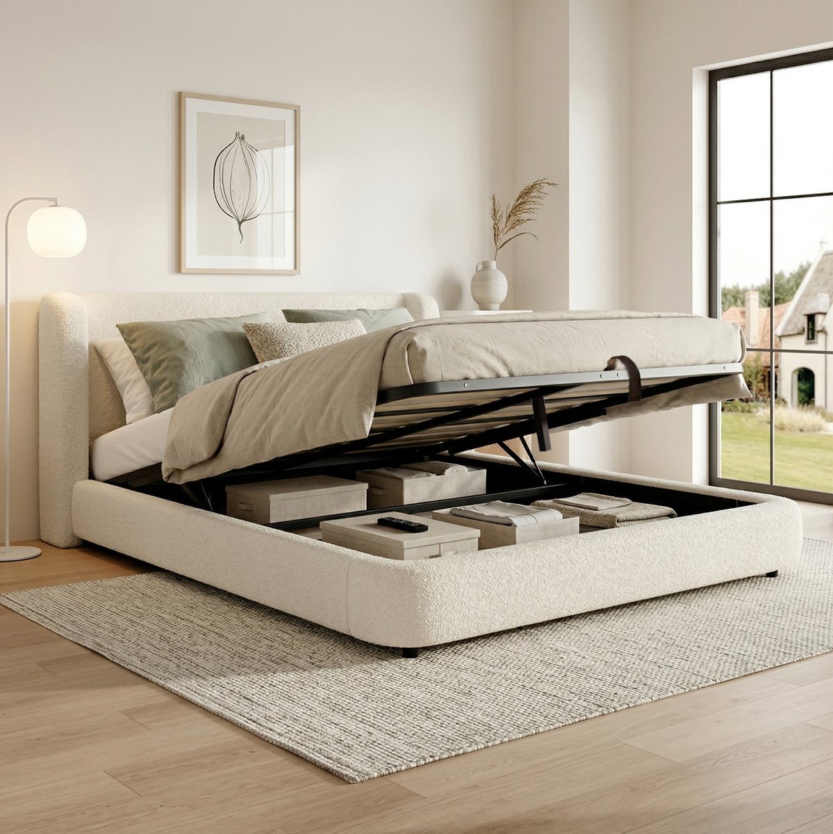 FloraGrace Bed 180x200 cm - Tweepersoonsbed Met Hydraulische Opbergruimte En Lattenbodem - Hoog Hoofdbord - Boucle - Beige - Zonder Matras