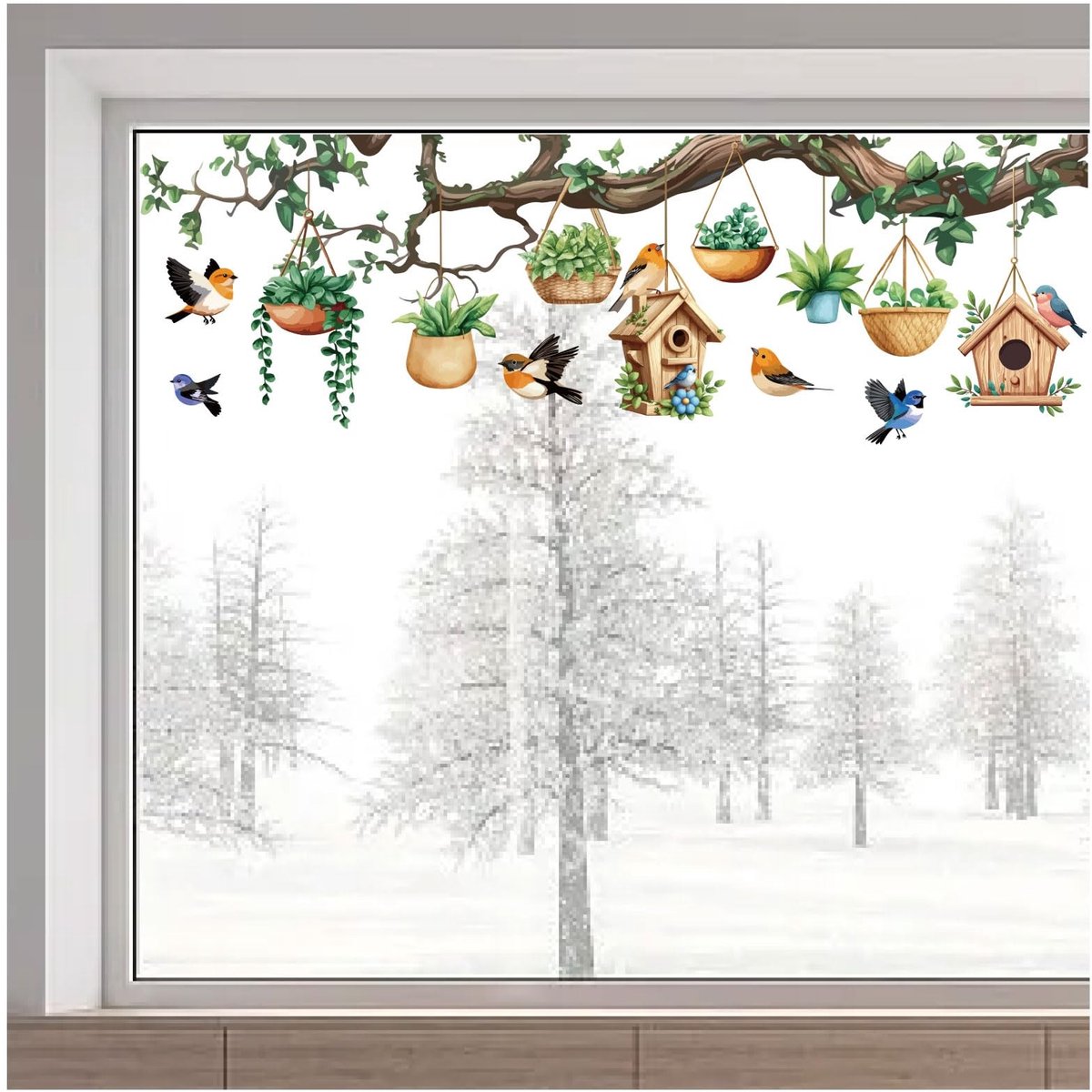 Inovra- Raamstickers Vogel - Groot Formaat 38 x 120 cm - Botanische Planten - Herbruikbaar - Statische Klamming - Decoratieve Tuinscène - Vensterdecoratie