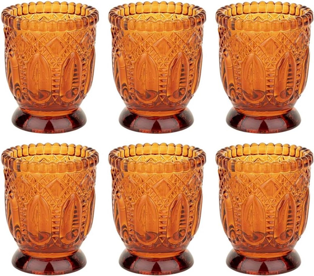 Set van 6 Vintage Glazen Kandelaars Amber - Decoratieve Theelicht & Votief Houders
