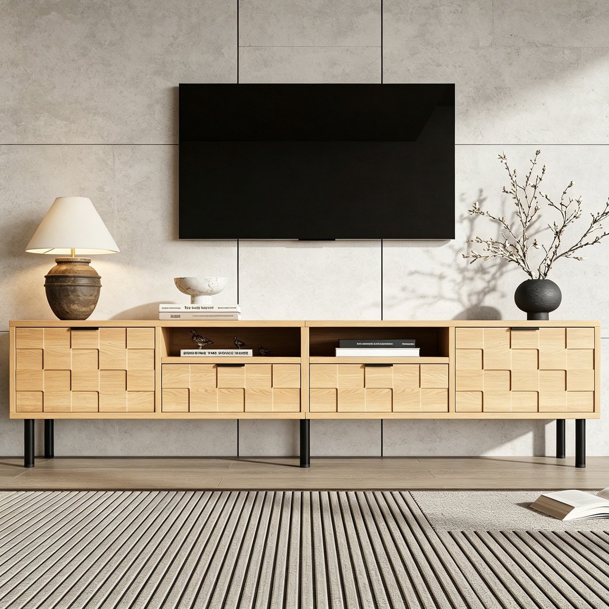 MIVRAY Dressoir - TV-Meubel Met 2 Lades En 2 Deuren - Voor Woonkamer En Grote Televisies Tot 80 Inch - MDF Spaanplaat - 200x35x44,5 Cm - Naturel