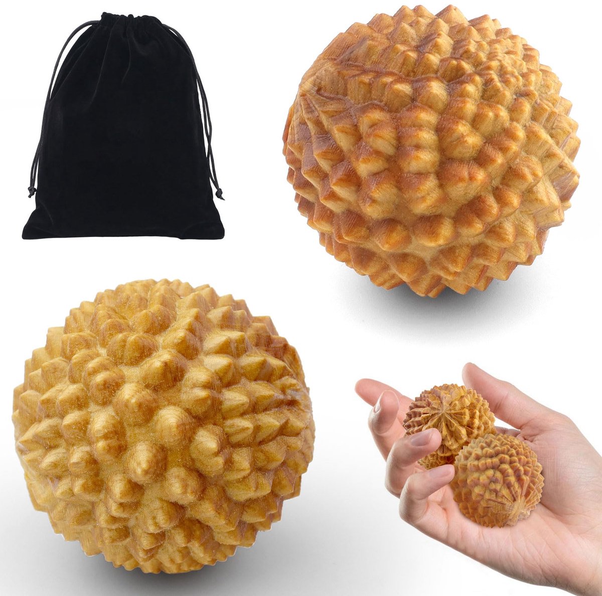 2 stuks Durian-vormige handmassageballen, 4,3 cm egelbal massagebal houtkleur massageballen met 1 stuk zwart fluwelen zakje voor stressverlichting en massage